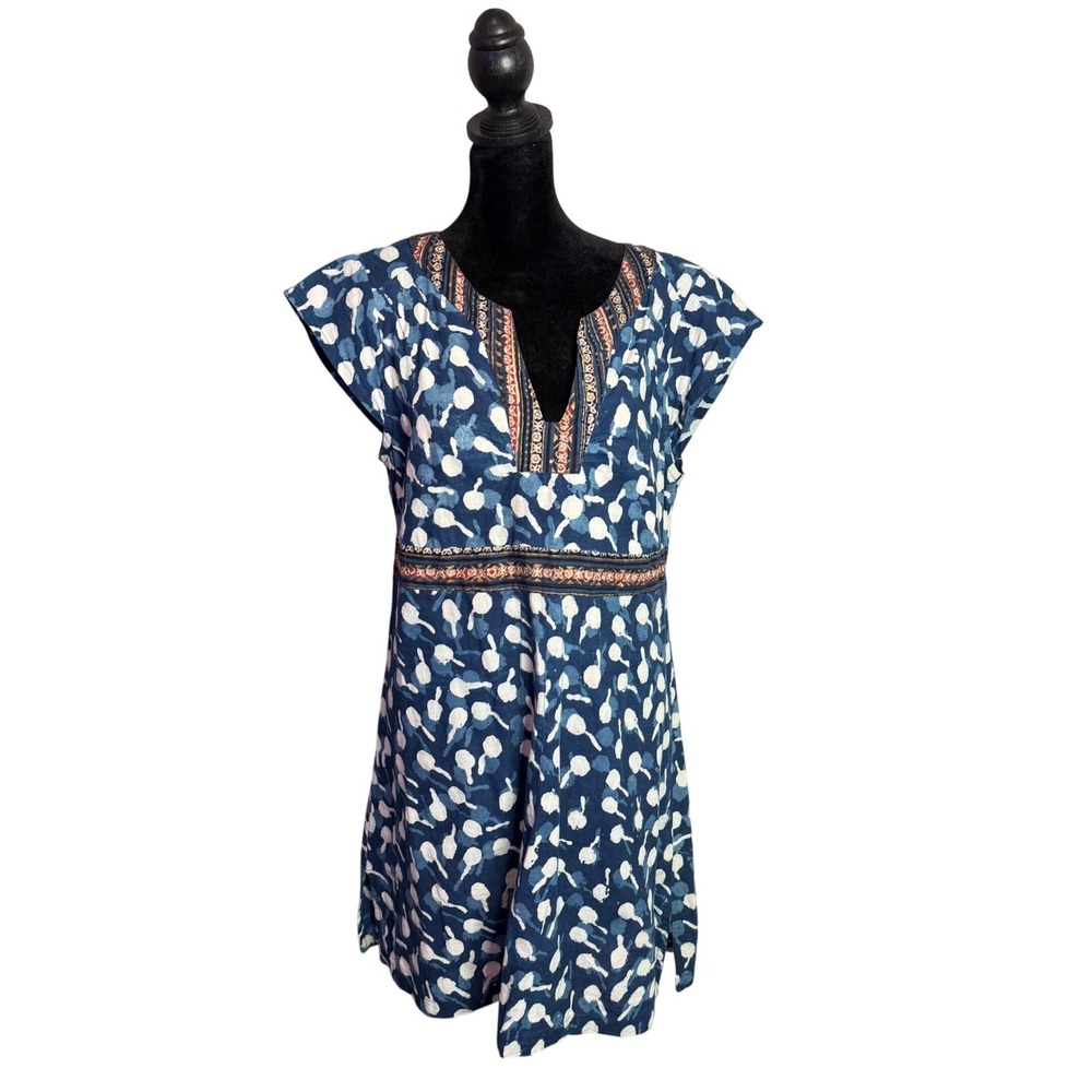 Blu Nomad Blue White Cotton Block Print Boho Mini Dress Size S Cover Up Beach